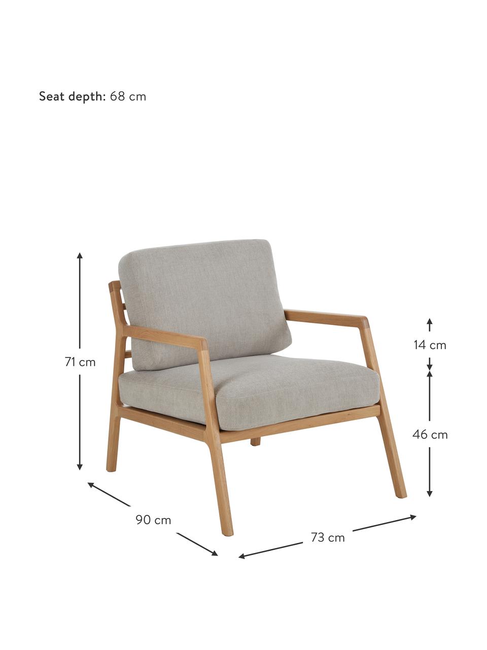 Fauteuil Becky van eikenhout, Bekleding: polyester, Frame: massief eikenhout, Geweven stof grijs, eikenhout, B 73 x D 90 cm