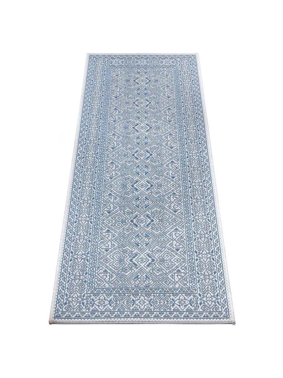 Gemusterter In- & Outdoor-Läufer Jaffa in Blau, 100 % Polypropylen, Blau, Cremefarben, B 70 x L 300 cm