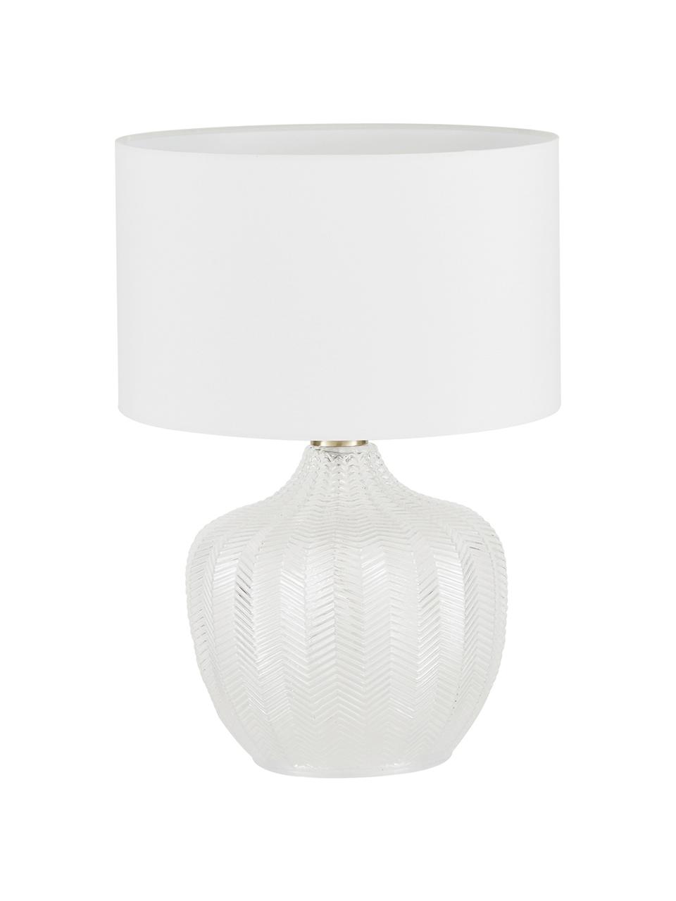 Lampada da tavolo con base in vetro Sue, Paralume: tessuto, Base della lampada: vetro, metallo ottonato, Paralume: bianco Base della lampada: trasparente, ottone spazzolato, Ø 33 x Alt. 47 cm