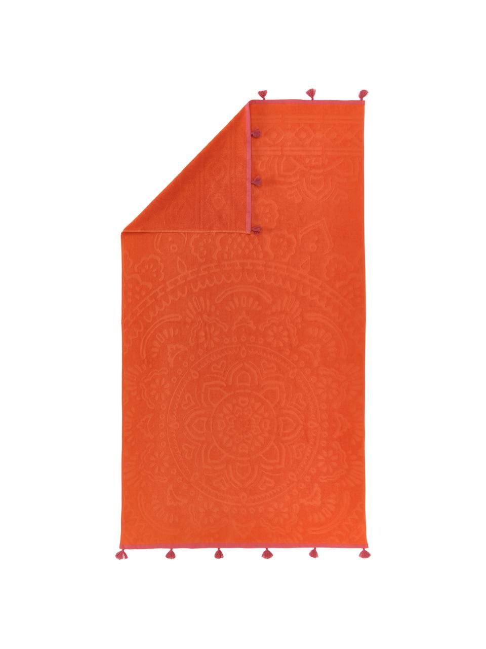 Serviette de plage orange Mandala, 100 % coton, Orange, rose, larg. 90 x long. 160 cm