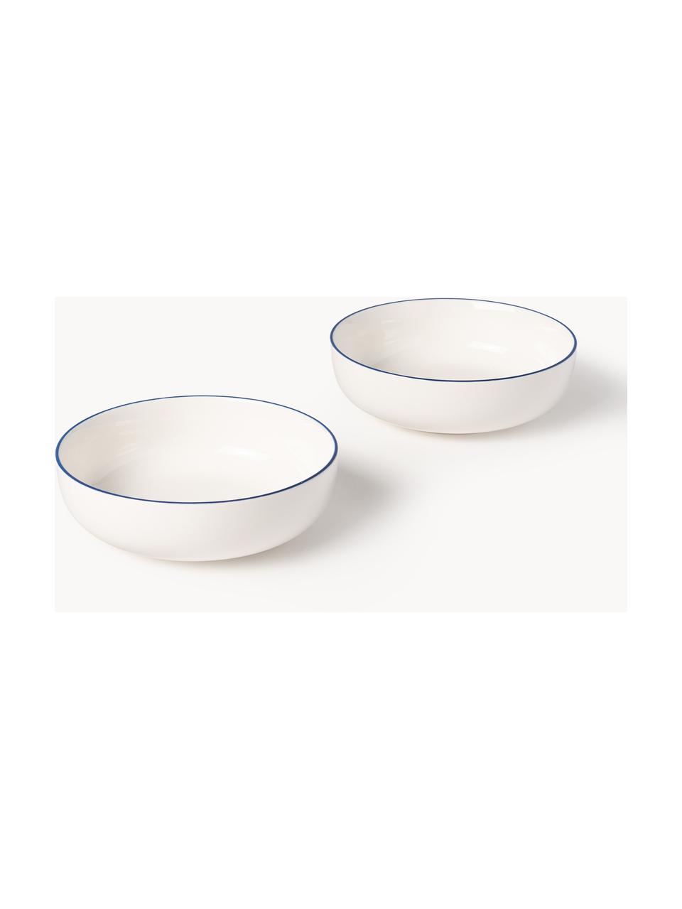 Assiettes creuses en porcelaine Facile, 2 pièces, Porcelaine robuste de haute qualité (env. 50 % kaolin, 25 % quartz et 25 % feldspath), Blanc cassé avec bordure bleu foncé, Ø 18 x haut. 6 cm