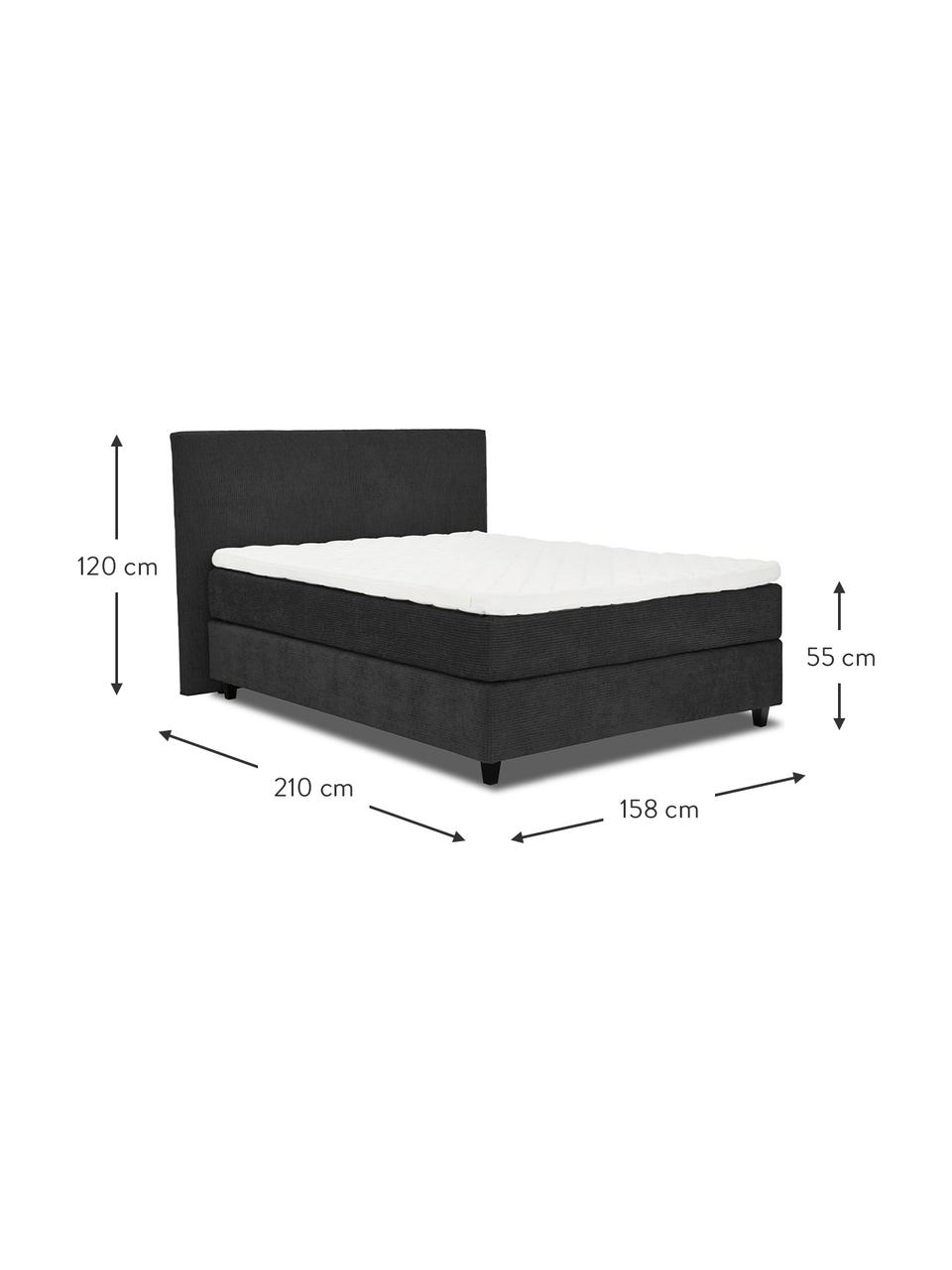 Premium corduroy boxspring bed Eliza in donkergrijs, Matras: 5-zones pocketvering, Poten: massief gelakt berkenhout, Corduroy donkergrijs, 200 x 200 cm, hardheidsgraad 3