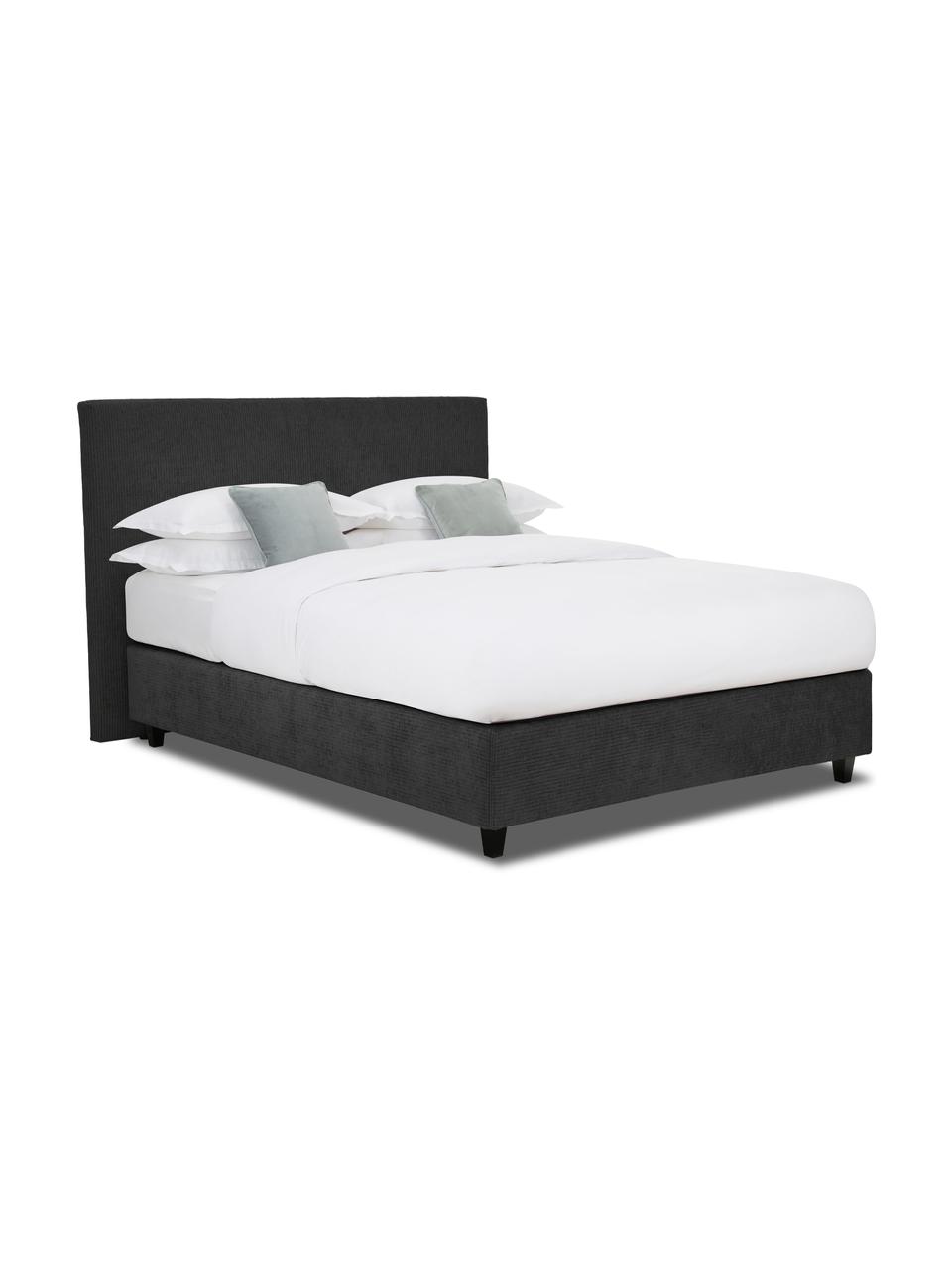 Letto boxspring in velluto a coste grigio scuro Eliza, Materasso: nucleo a 5 zone di molle , Struttura: legno di pino massiccio, Piedini: legno di betulla massicci, Velluto a coste grigio scuro, 200 x 200 cm, durezza 3