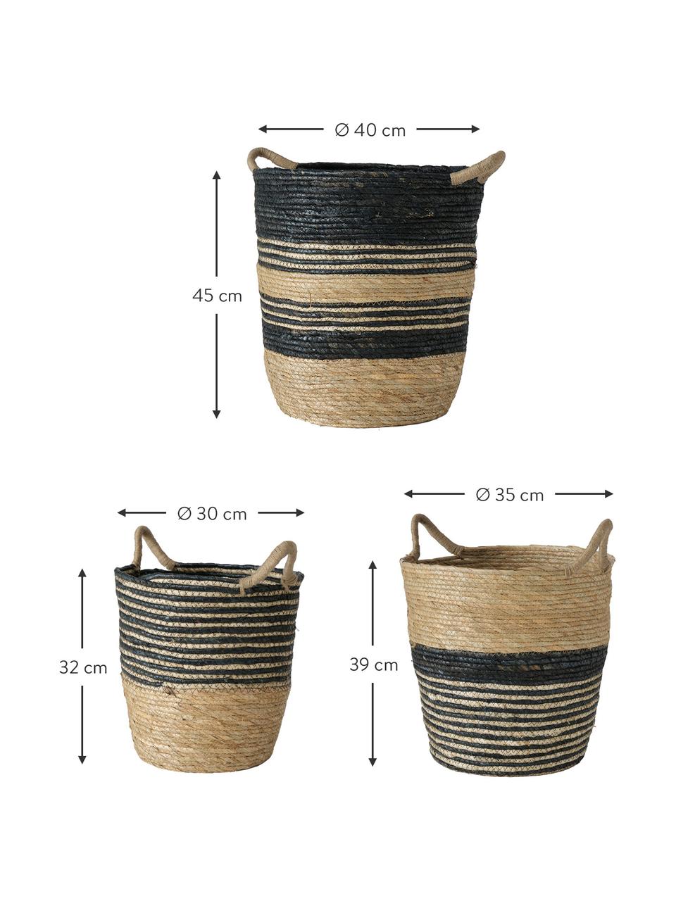 Set de cestas artesanales Ryka, 3 pzas., Fibras naturales, Negro, beige, Set de diferentes tamaños