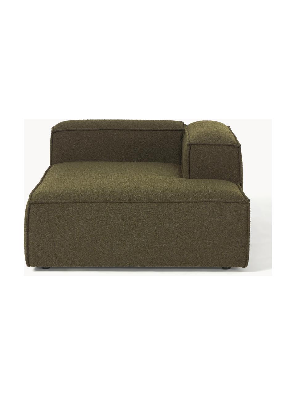 Modulo angolare chaise loungue in bouclé Lennon, Rivestimento: bouclé (100% poliestere) , Struttura: legno di pino massiccio, , Piedini: plastica Questo prodotto , Bouclé verde oliva, Larg. 119 x Prof. 180 cm, angolo a destra