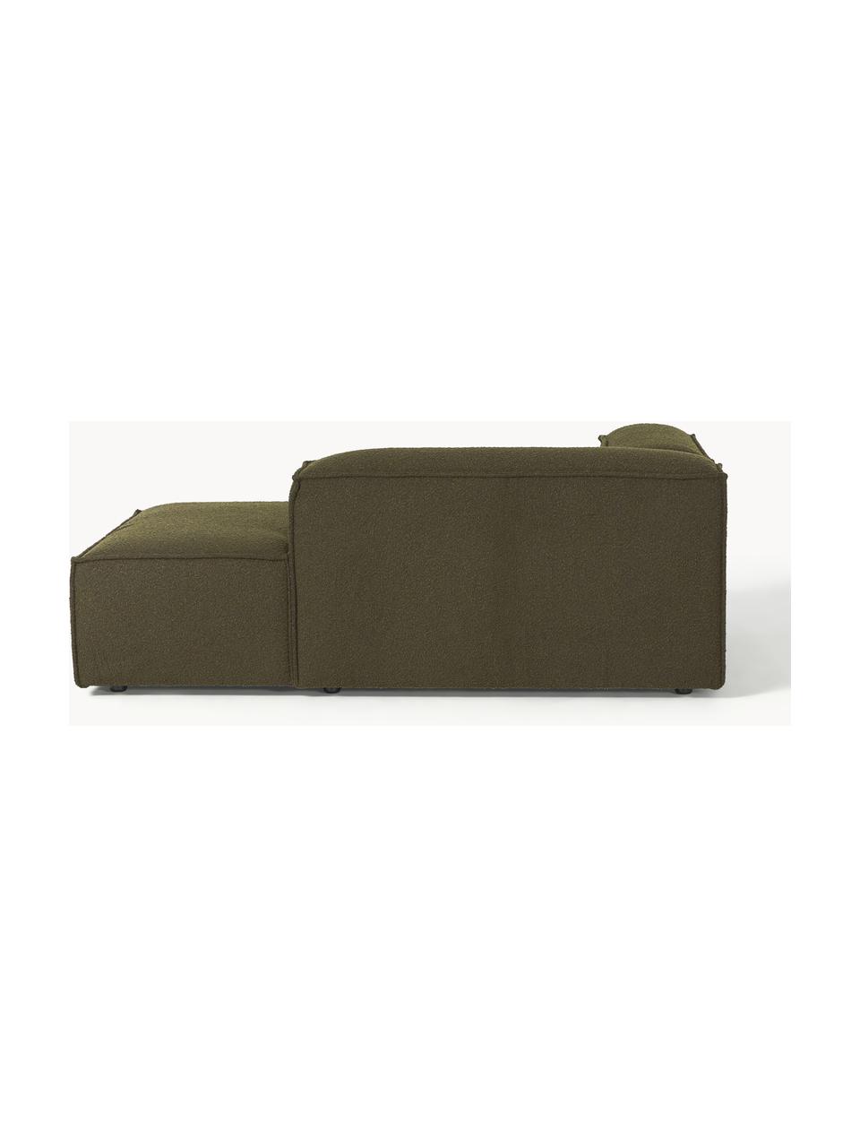 Modulo angolare chaise loungue in bouclé Lennon, Rivestimento: bouclé (100% poliestere) , Struttura: legno di pino massiccio, , Piedini: plastica Questo prodotto , Bouclé verde oliva, Larg. 119 x Prof. 180 cm, angolo a destra