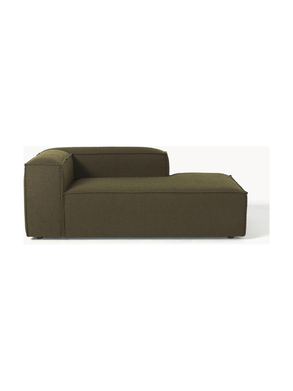 Chaise longue hoekmodule Lennon uit bouclé, Bekleding: bouclé (100% polyester) M, Frame: massief grenenhout, multi, Poten: kunststof Dit product is , Bouclé olijfgroen, B 119 x D 180 cm, hoekdeel rechts