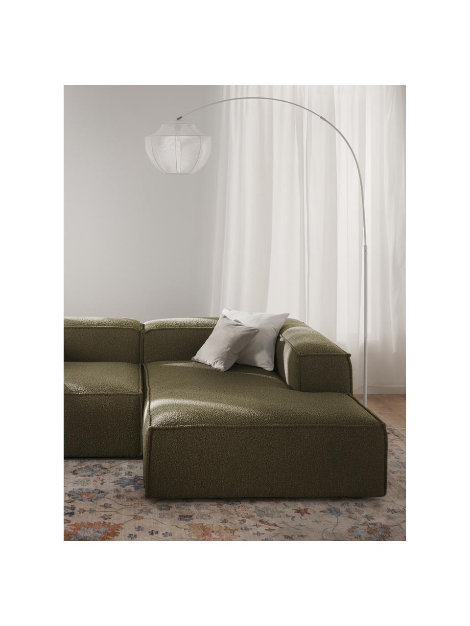 Modulo angolare chaise longue in bouclé Lennon, Rivestimento: bouclé (100% poliestere) , Struttura: legno di pino massiccio, , Piedini: plastica Questo prodotto , Bouclé verde oliva, Larg. 119 x Prof. 180 cm, angolo a destra