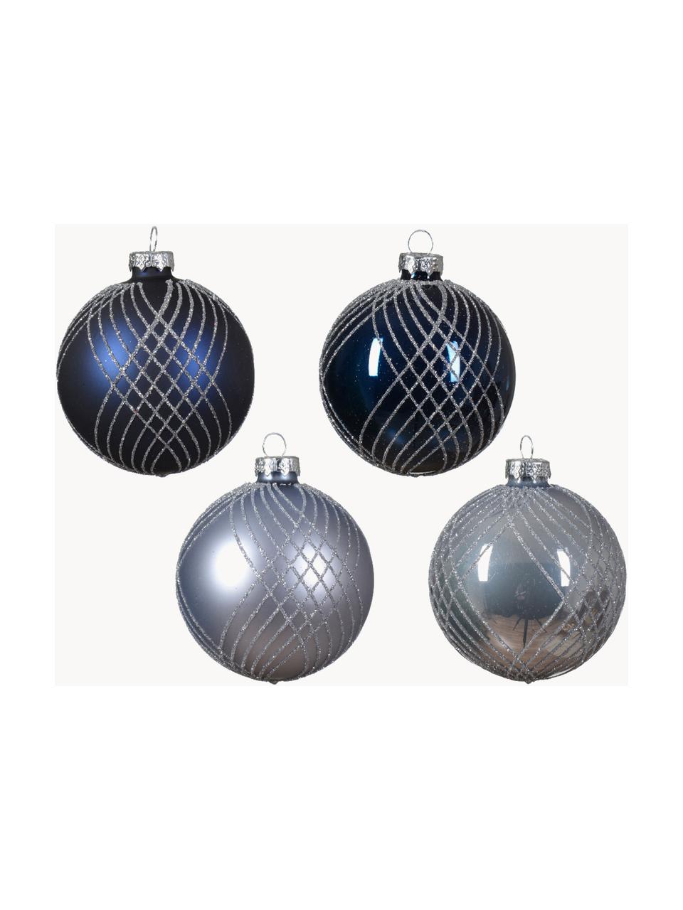 Boules de Noël Stripe, 12 élém., Verre, Bleu foncé, argenté, Ø 8 cm