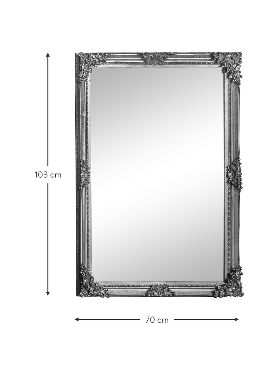 Eckiger Barock-Wandspiegel Fiennes mit silbernem Holzrahmen, Rahmen: Holz, lackiert, Spiegelfläche: Spiegelglas, Silberfarben, B 70 x H 103 cm