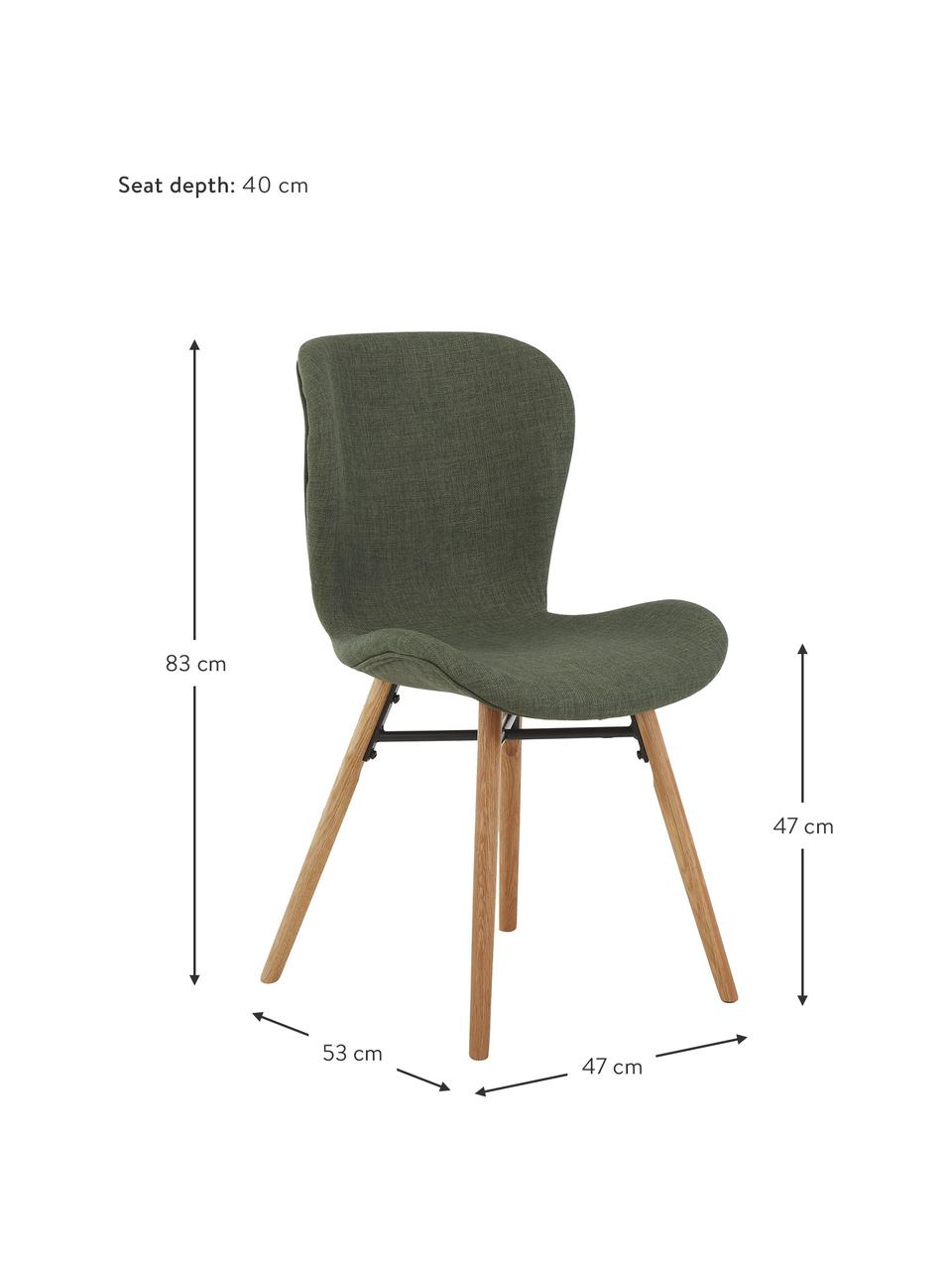 Chaises rembourrées Batilda, 2 pièces, Tissu vert forêt, bois de chêne, larg. 47 x prof. 53 cm