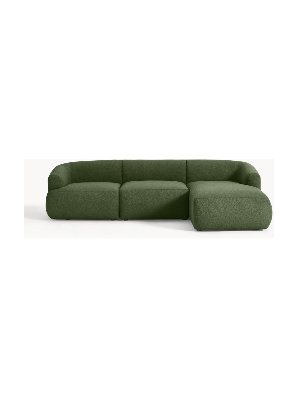 Narożna sofa modułowa Bouclé Sofia (3-osobowa), Tapicerka: Bouclé (100% poliester) D, Stelaż: drewno świerkowe, płyta w, Nogi: tworzywo sztuczne Ten pro, Ciemnozielony Bouclé, S 277 x G 185 cm, prawostronna