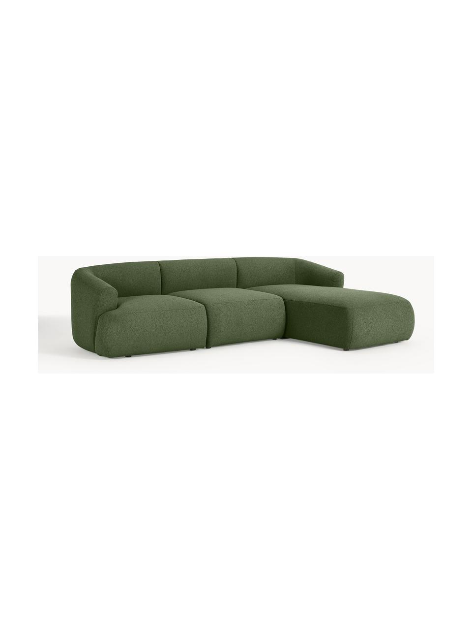 Narożna sofa modułowa Bouclé Sofia (3-osobowa), Tapicerka: Bouclé (100% poliester) D, Stelaż: drewno świerkowe, płyta w, Nogi: tworzywo sztuczne Ten pro, Ciemnozielony Bouclé, S 277 x G 185 cm, prawostronna