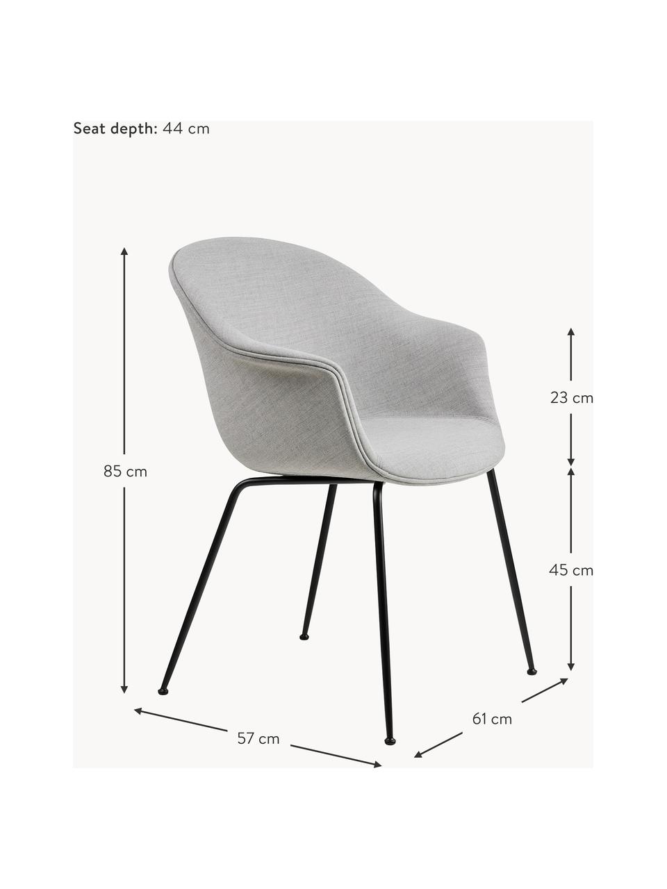 Židle s područkami Bat, Světle šedá, matná černá, Š 61 cm, H 57 cm