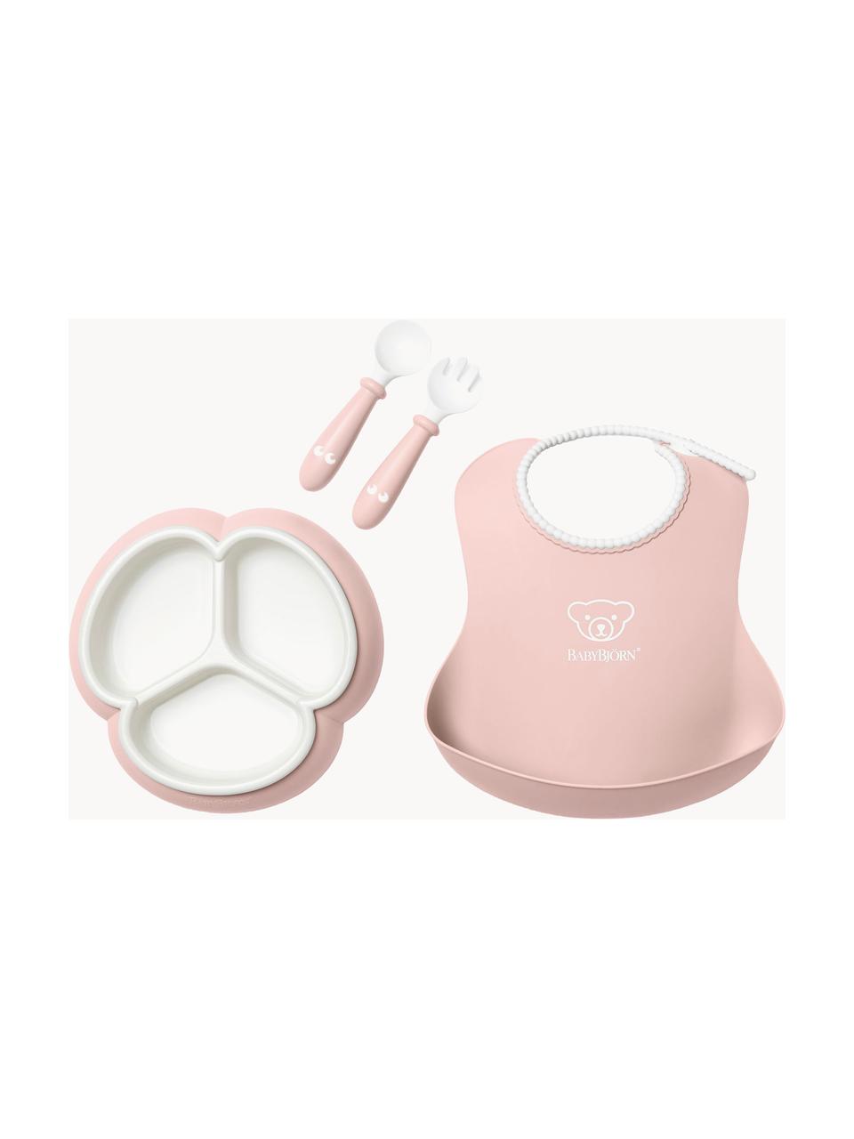 Set 4 stoviglie per bambini con bavaglino Bliss, Plastica, Rosa chiaro, bianco, Larg. 17 x Alt. 13 cm