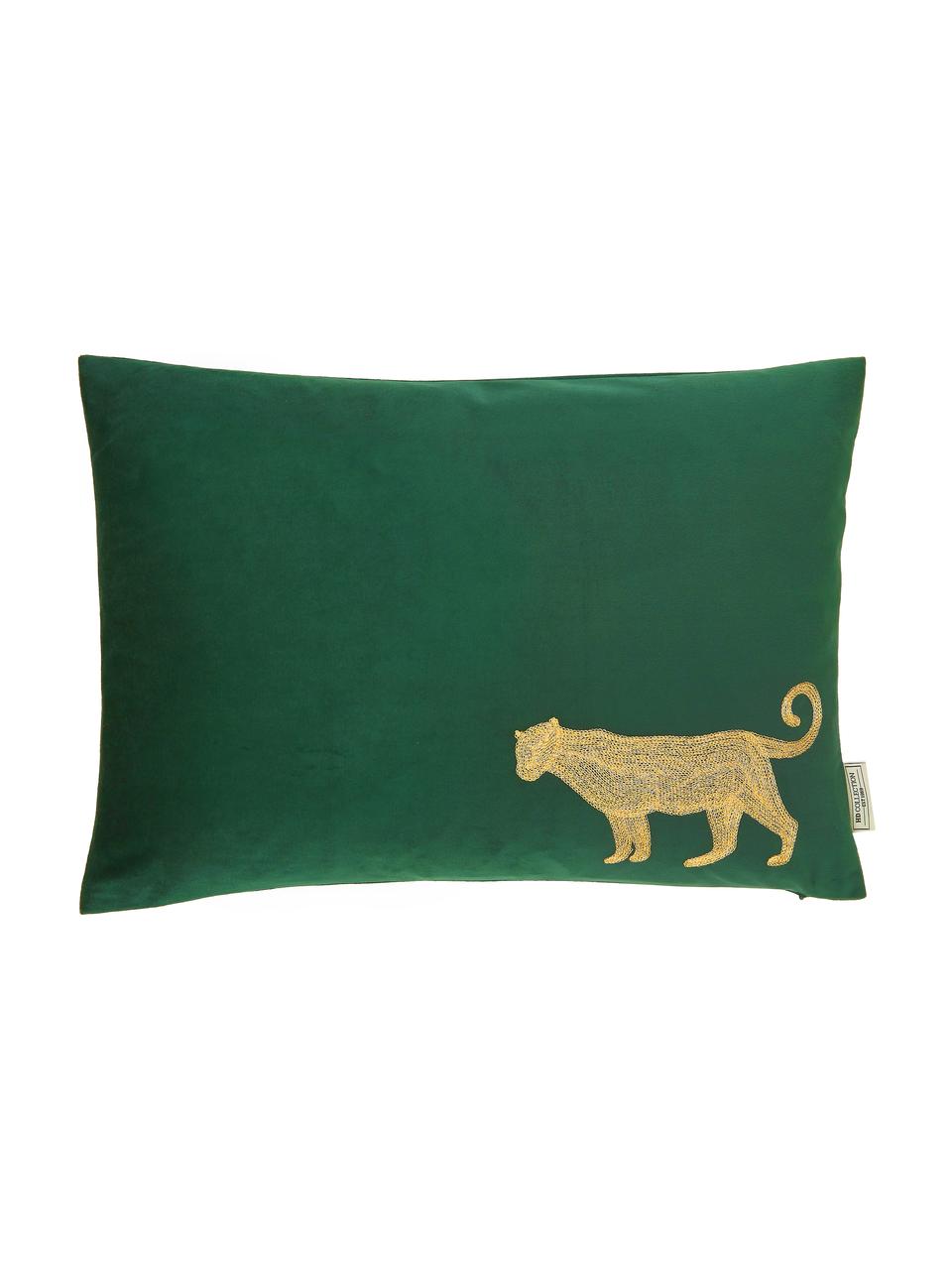 Coussin rectangulaire velours vert brodé Single, Vert, couleur dorée