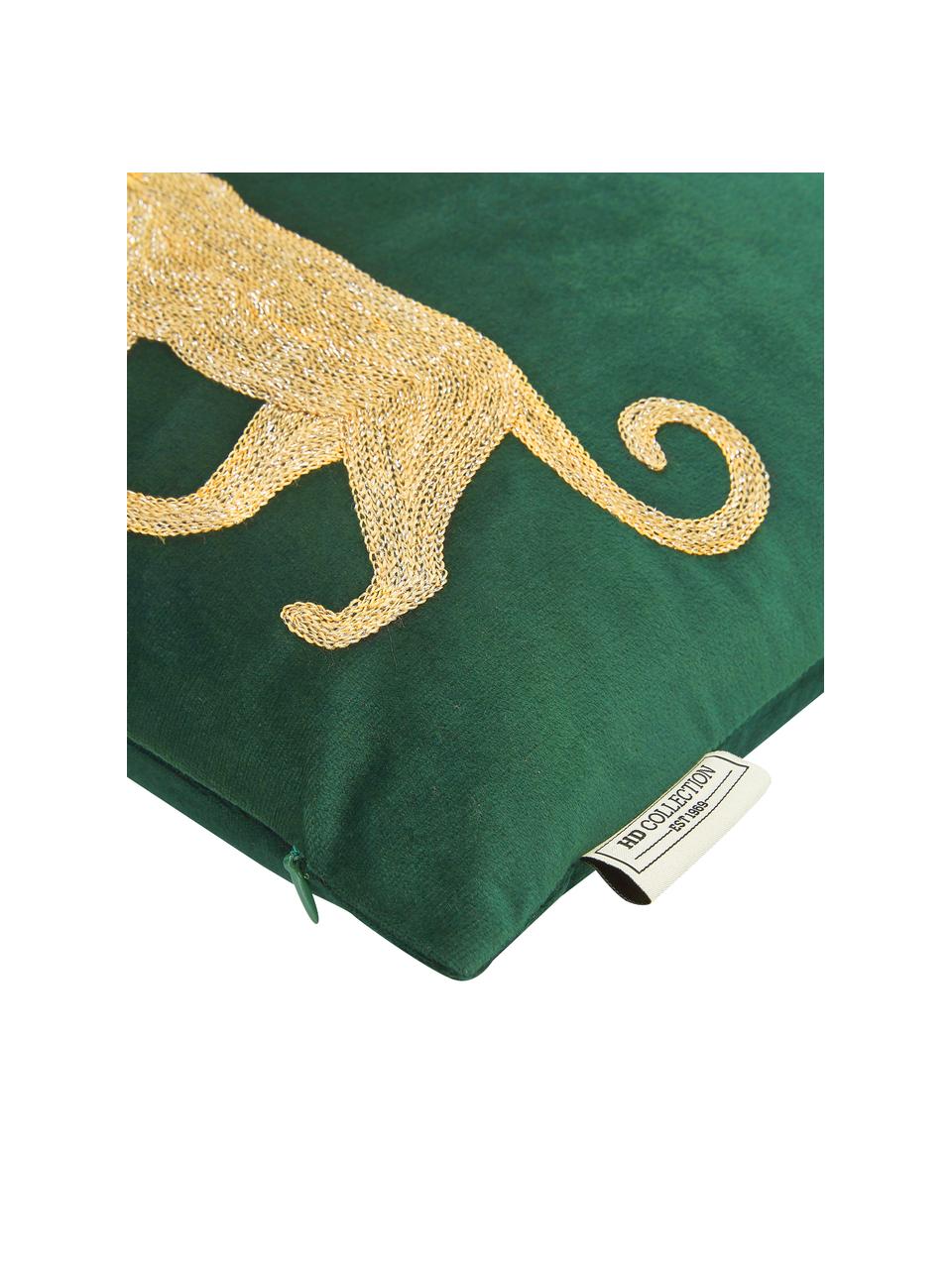 Geborduurd fluwelen kussen Single Leopard in groen/goudkleur, met vulling, 100% fluweel (polyester), Groen, goudkleurig, 40 x 55 cm