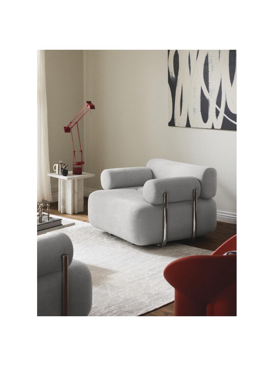 Loungefauteuil Stella, Bekleding: 85% polyester, 15% katoen, Frame: massief sparrenhout, PEFC, Geweven stof grijs, B 111 x D 100 cm