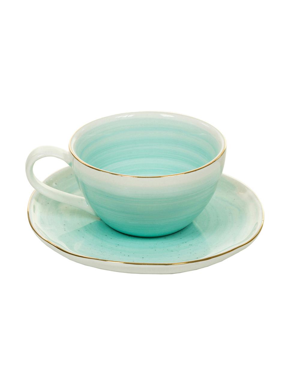 Handgemaakte espressokopjes met schoteltjes Bella met goudkleurige rand, 2 stuks, Porselein, Turquoiseblauw, Ø 9 x H 5 cm