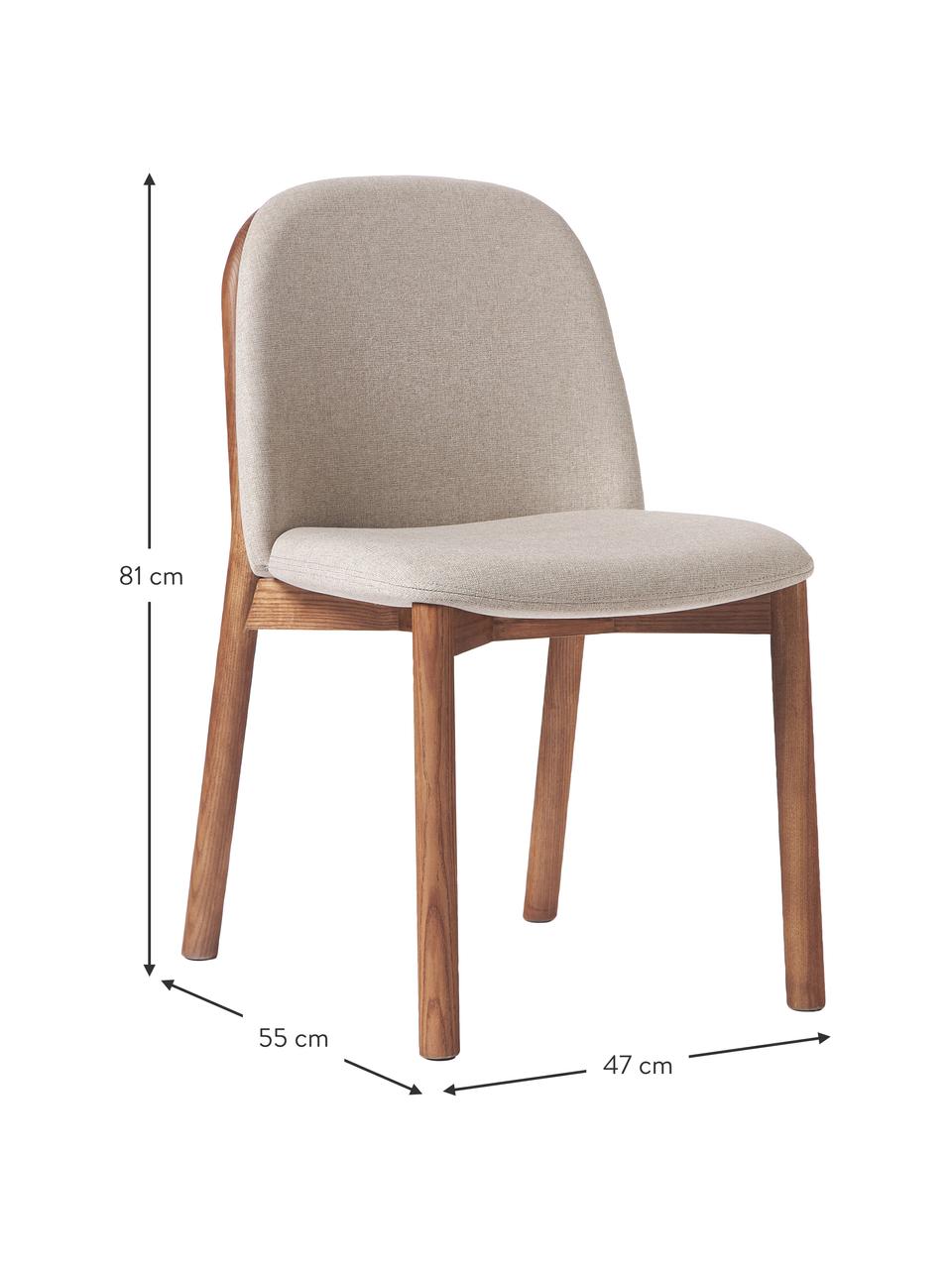 Chaise en bois avec rembourrage Julie, Tissu taupe, bois de frêne foncé, larg. 47 x haut. 81 cm