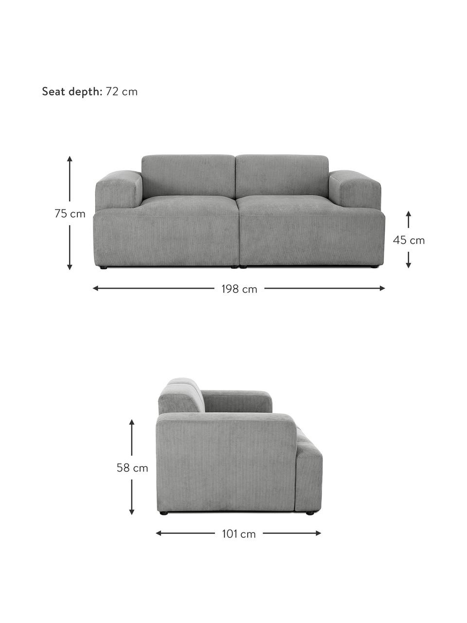 Cord-Sofa Melva (2-Sitzer), Bezug: Cord (92% Polyester, 8% P, Gestell: Massives Kiefernholz, FSC, Füße: Kunststoff, Cord Grau, B 198 x T 101 cm