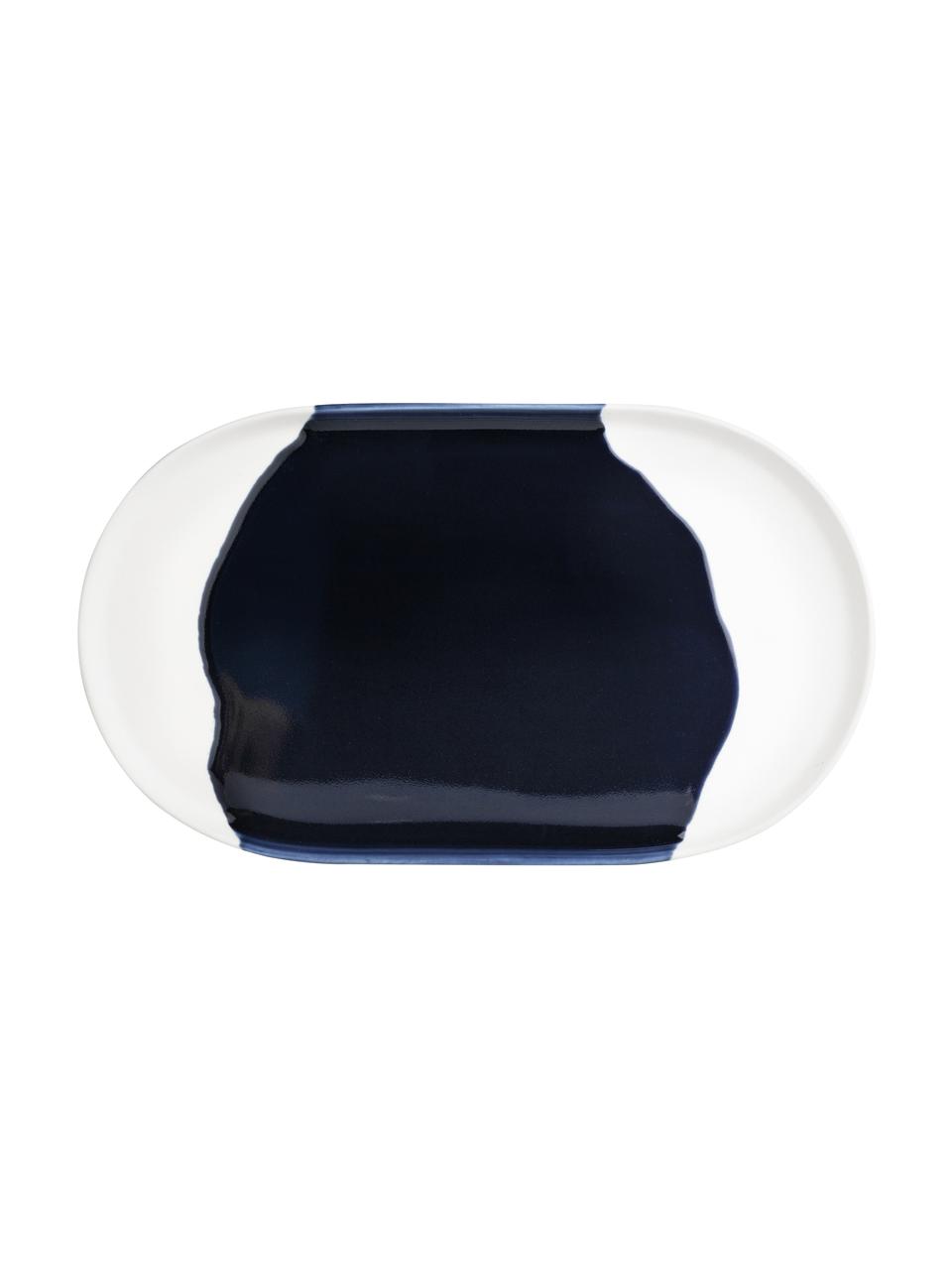 Bandeja decorativa de gres Contrast, Gres con glaseado, Azul oscuro, blanco, An 32 x F 18 cm