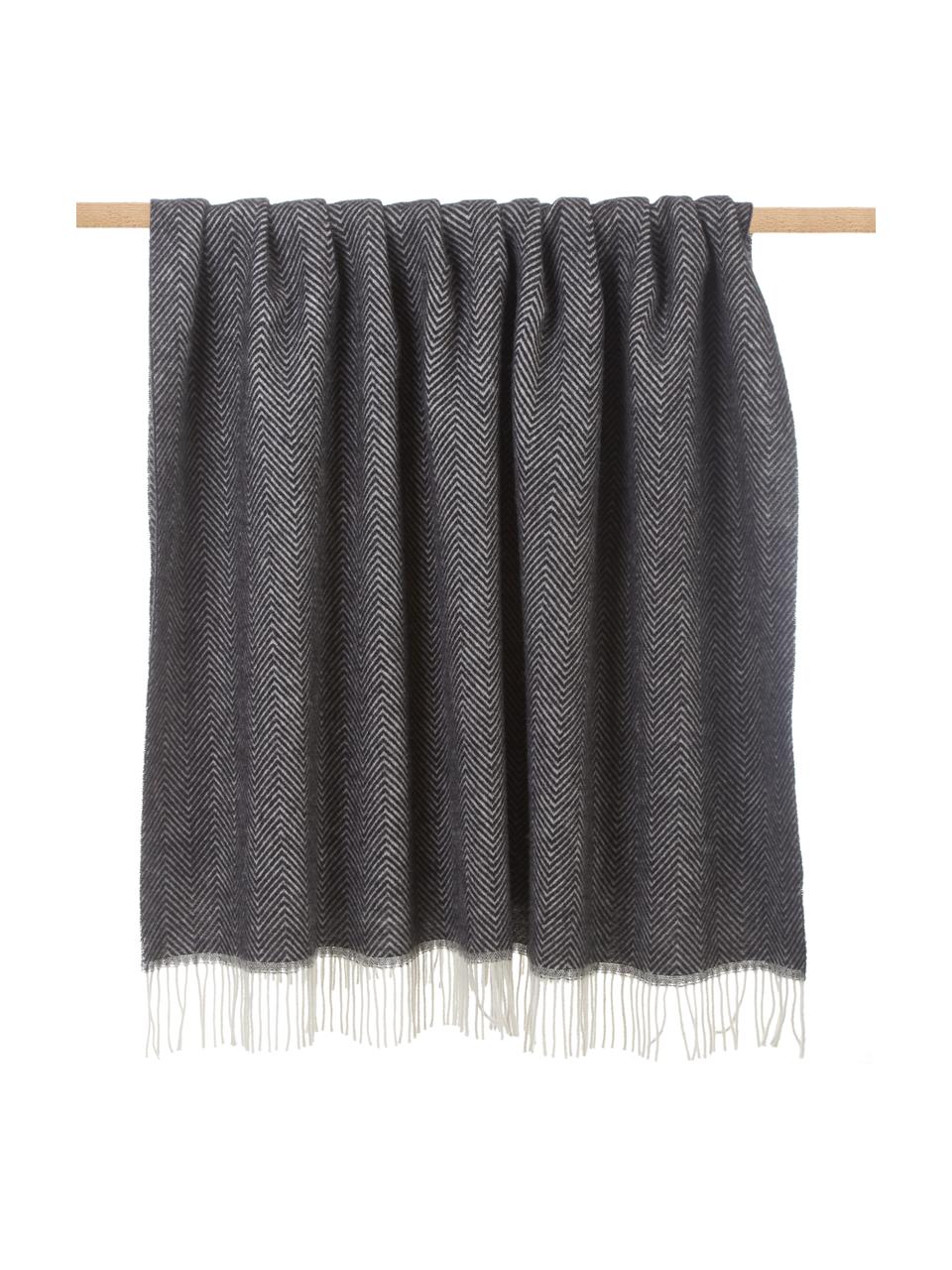 Couverture en laine avec motif à chevrons et franges Tirol-Mona, Noir, larg. 140 x long. 200 cm