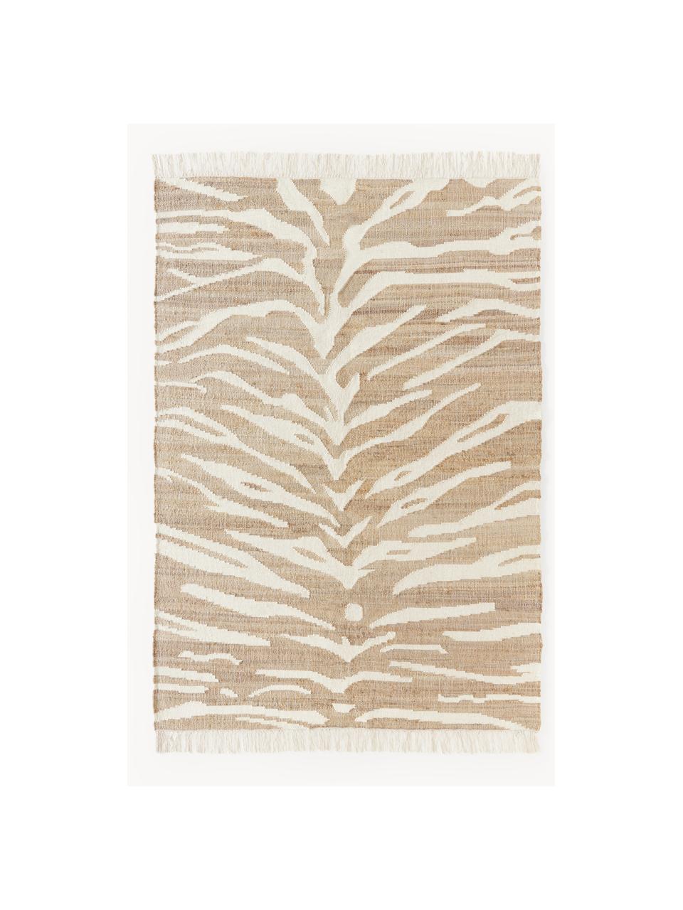 Tapis à poils ras franges et motif zébré Ari, 55 % jute, 25 % coton, 20 % Indian laine, Beige, blanc crème, larg. 120 x long. 180 cm (taille S)