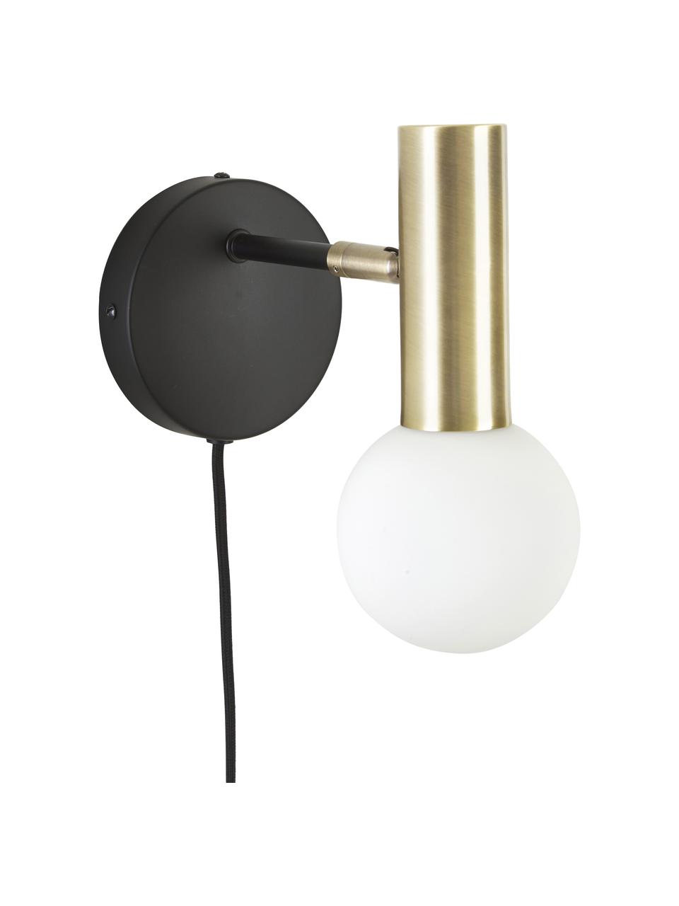 Verstellbare Wandleuchte Wilson mit Glasschirm und Stecker, Lampenschirm: Opalglas, Schwarz,Goldfarben, T 22 x H 22 cm