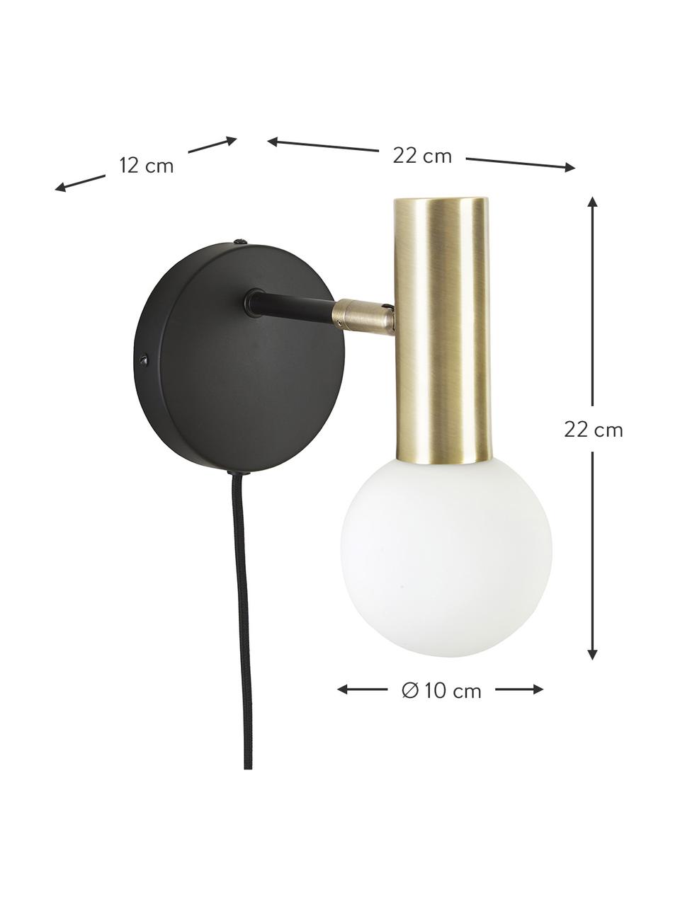 Verstelbare wandlamp Wilson met glazen lampenkap en stekker, Lampenkap: opaalglas, Fitting: vermessingd metaal, Zwart, goudkleurig, D 22 x H 22 cm