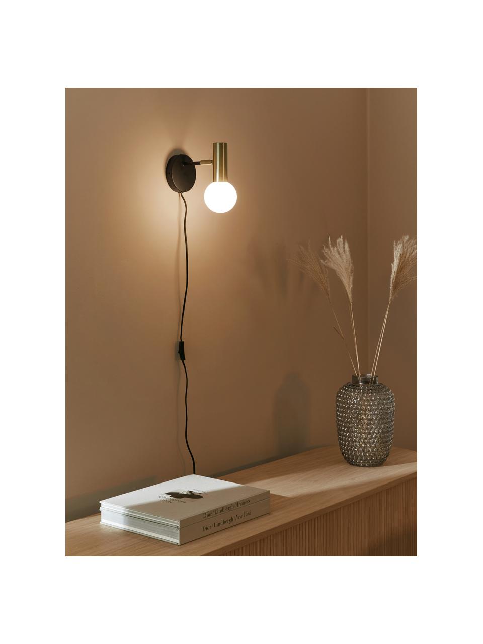 Verstelbare wandlamp Wilson met glazen lampenkap en stekker, Lampenkap: opaalglas, Fitting: vermessingd metaal, Zwart, goudkleurig, D 22 x H 22 cm