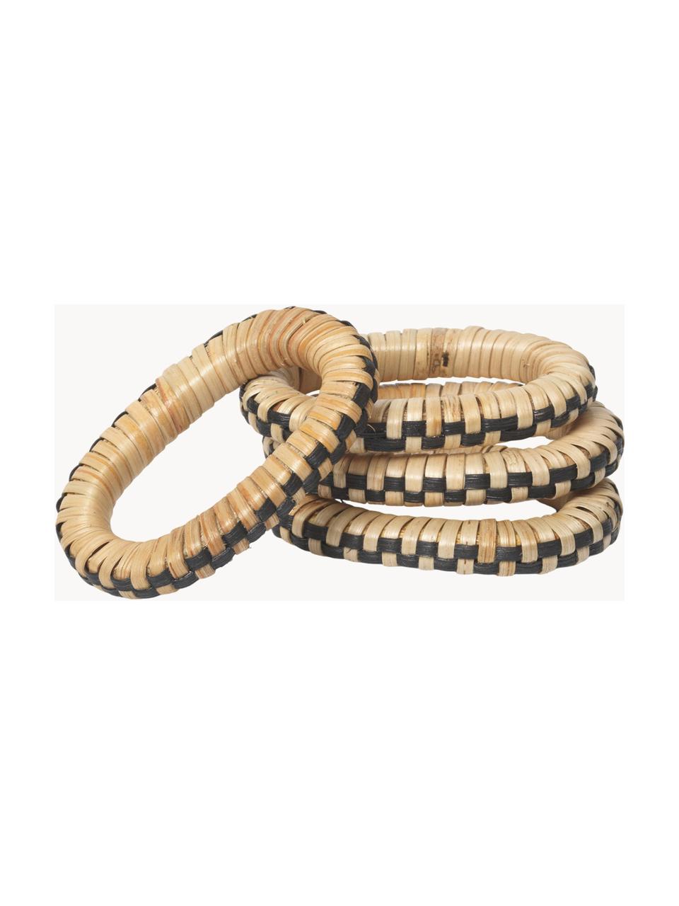 Serviettenringe Weave aus Rattan und Mangoholz, 4 Stück, Rattan, Mangoholz, Beige, Schwarz, B 7 x H 5 cm