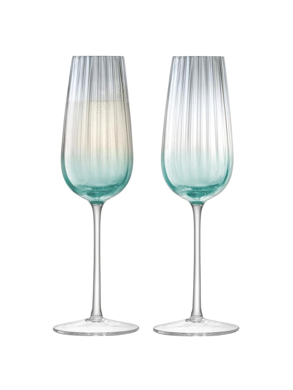Ručne vyrobené poháre na šampanské s farebným gradientom Dusk, 2 ks, Sklo, Zelená, sivá, Ø 6 x V 23 cm, 250 ml