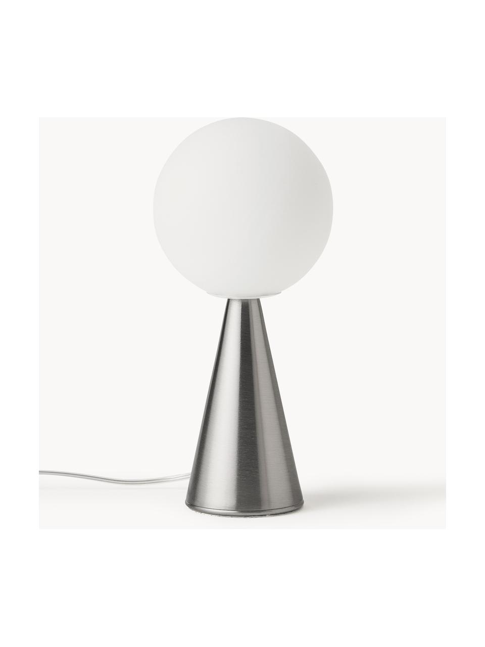 Lámpara de mesa artesanal pequeña Bilia, Pantalla: vidrio, Estructura: metal niquelado, Cable: plástico, Blanco, plateado, Ø 12 x Al 26 cm