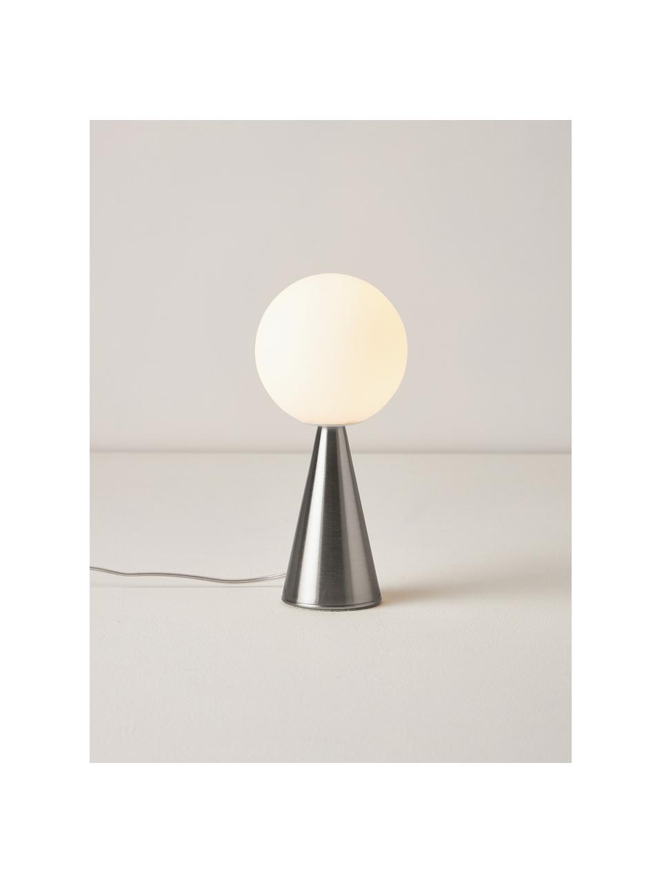 Kleine tafellamp Bilia, handgemaakt, Lampenkap: glas, Wit, zilverkleurig, Ø 12 x H 26 cm