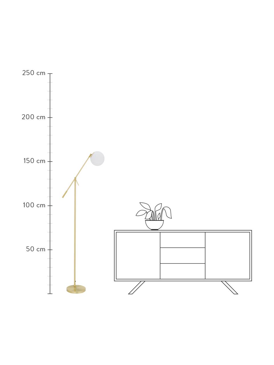 Stehlampe Moon aus Opalglas, Lampenschirm: Glas, Lampenfuß: Metall, vermessingt, Messingfarben, Weiß, B 70 x H 162 cm