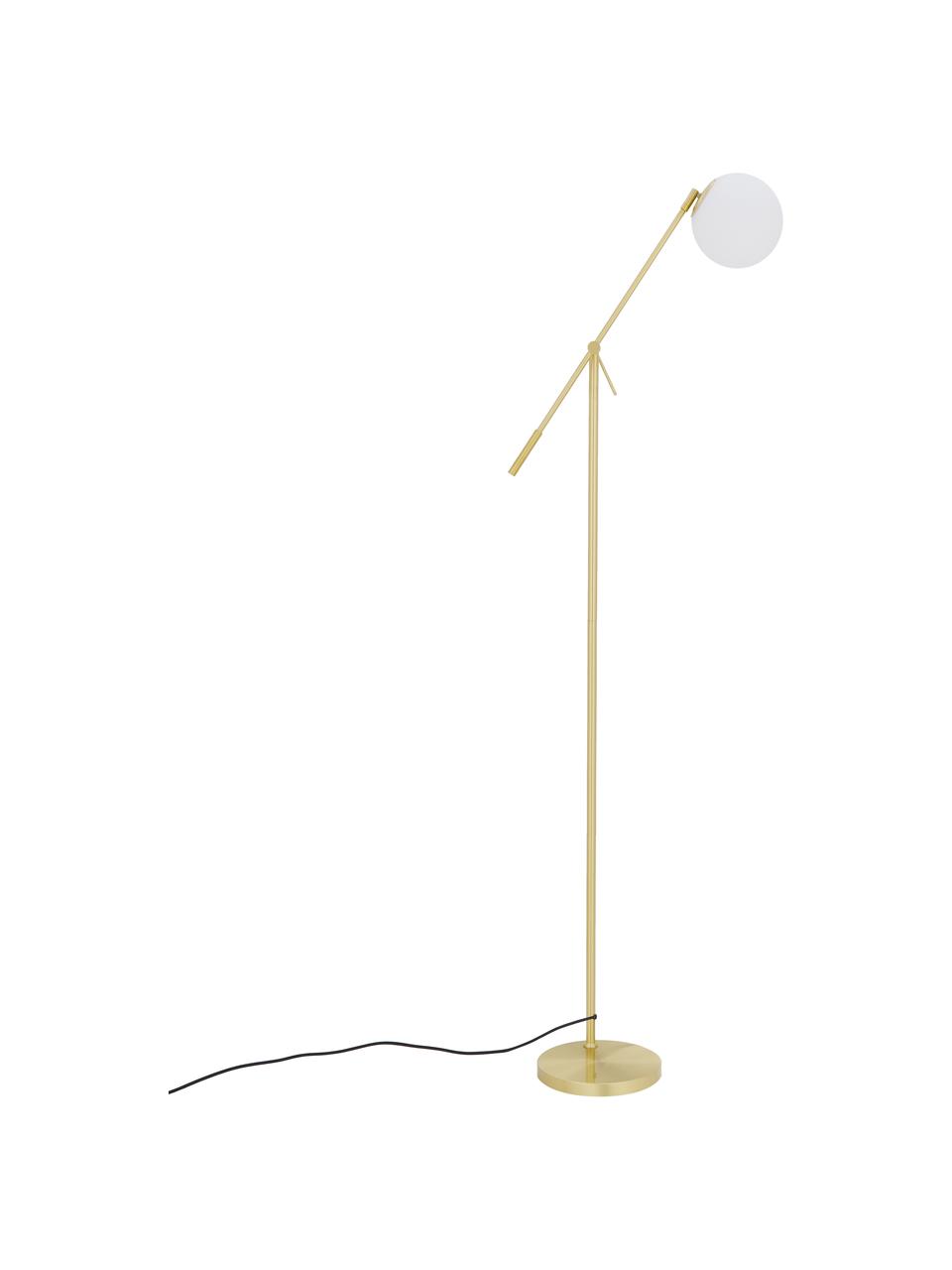 Stojací lampa z opálového skla Moon, Stropní kryt kabelu a objímka: kartáčovaná mosazná Stínidlo: bílá Kabel: černá, Š 70 cm, V 162 cm