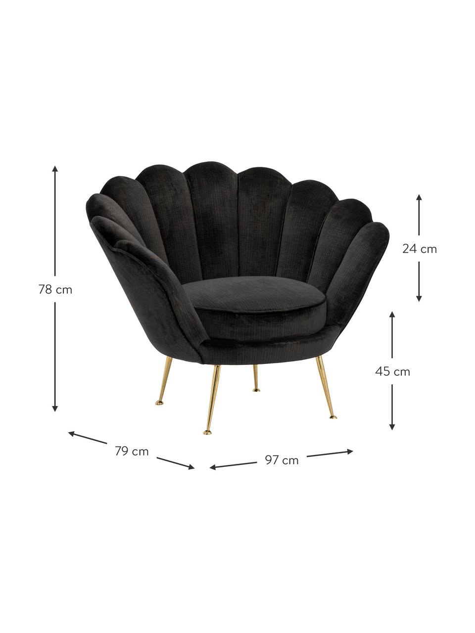 Fauteuil lounge en velours noir Trapezium, Noir, laiton