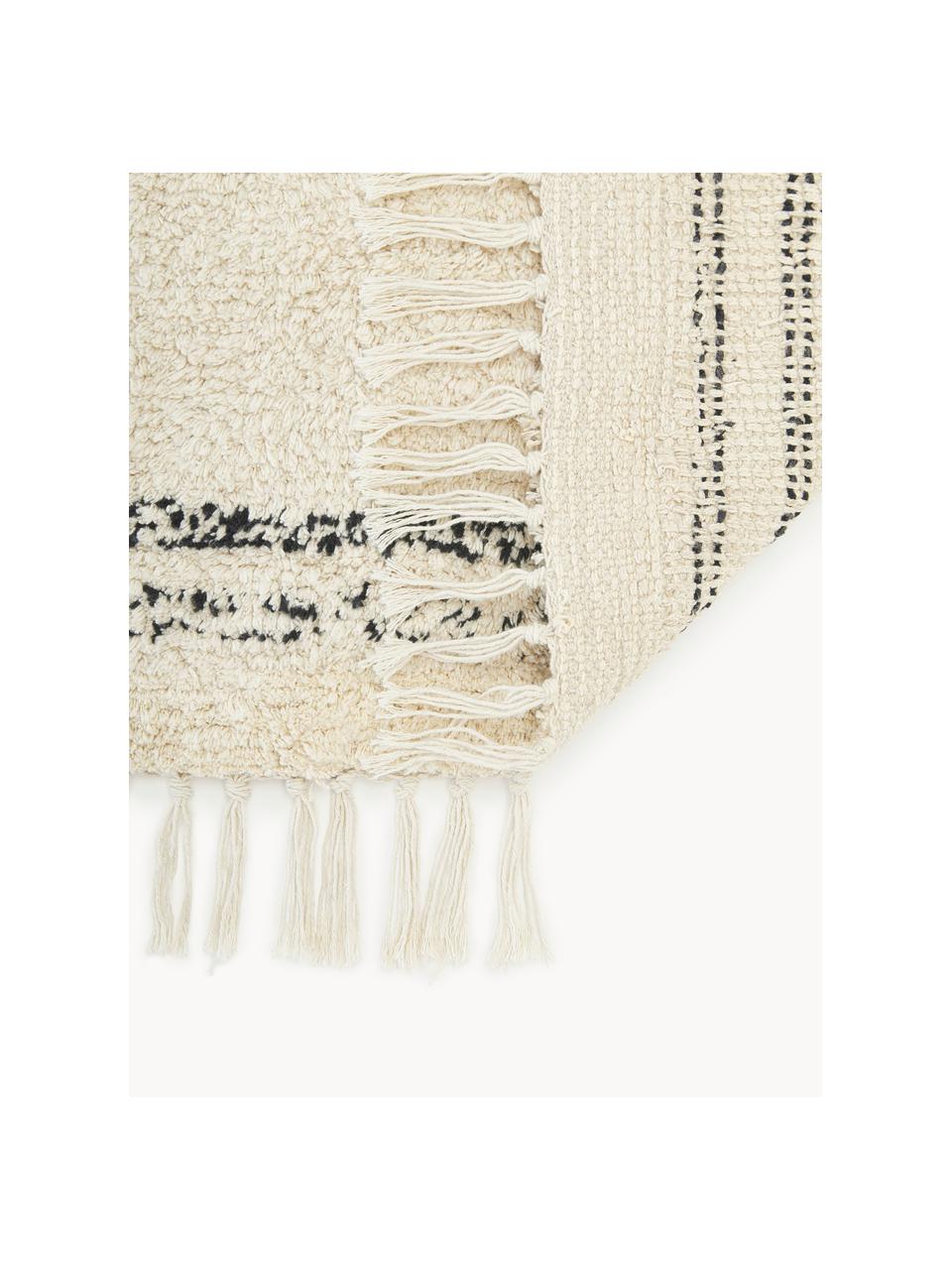 Alfombra corredor artesanal de algodón con flecos Asisa, estilo boho, 100% algodón, Beige, negro, An 80 x L 250 cm