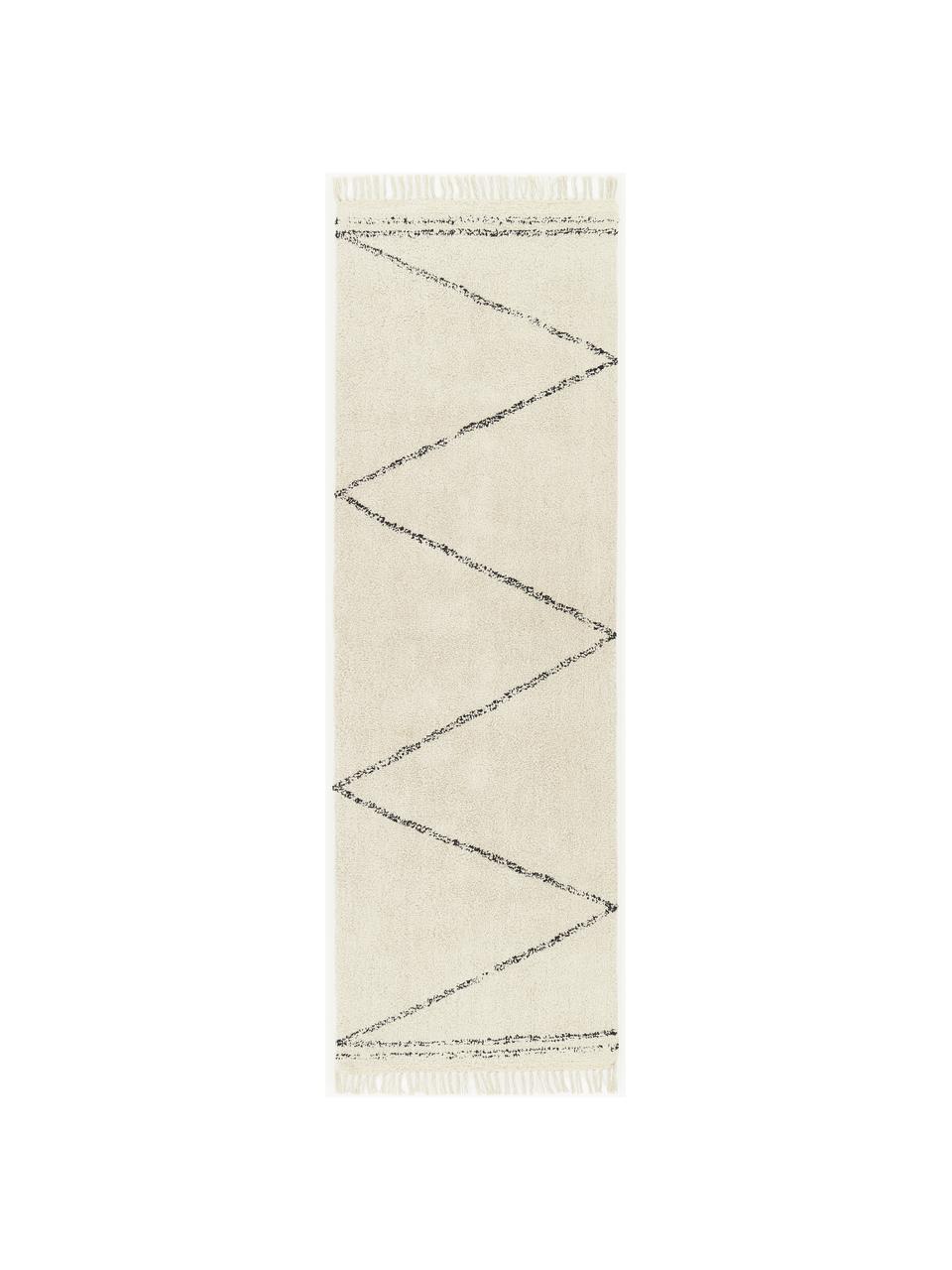 Passatoia in cotone fatta a mano con motivo zigzag e frange Asisa, 100% cotone, Beige, nero, Larg. 80 x Lung. 250 cm
