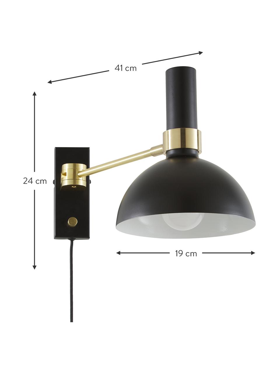 Grote dimbare wandlamp Larry met stekker, Lampenkap: gelakt messing, Frame: messing, Zwart, messingkleurig, D 41 x H 24 cm