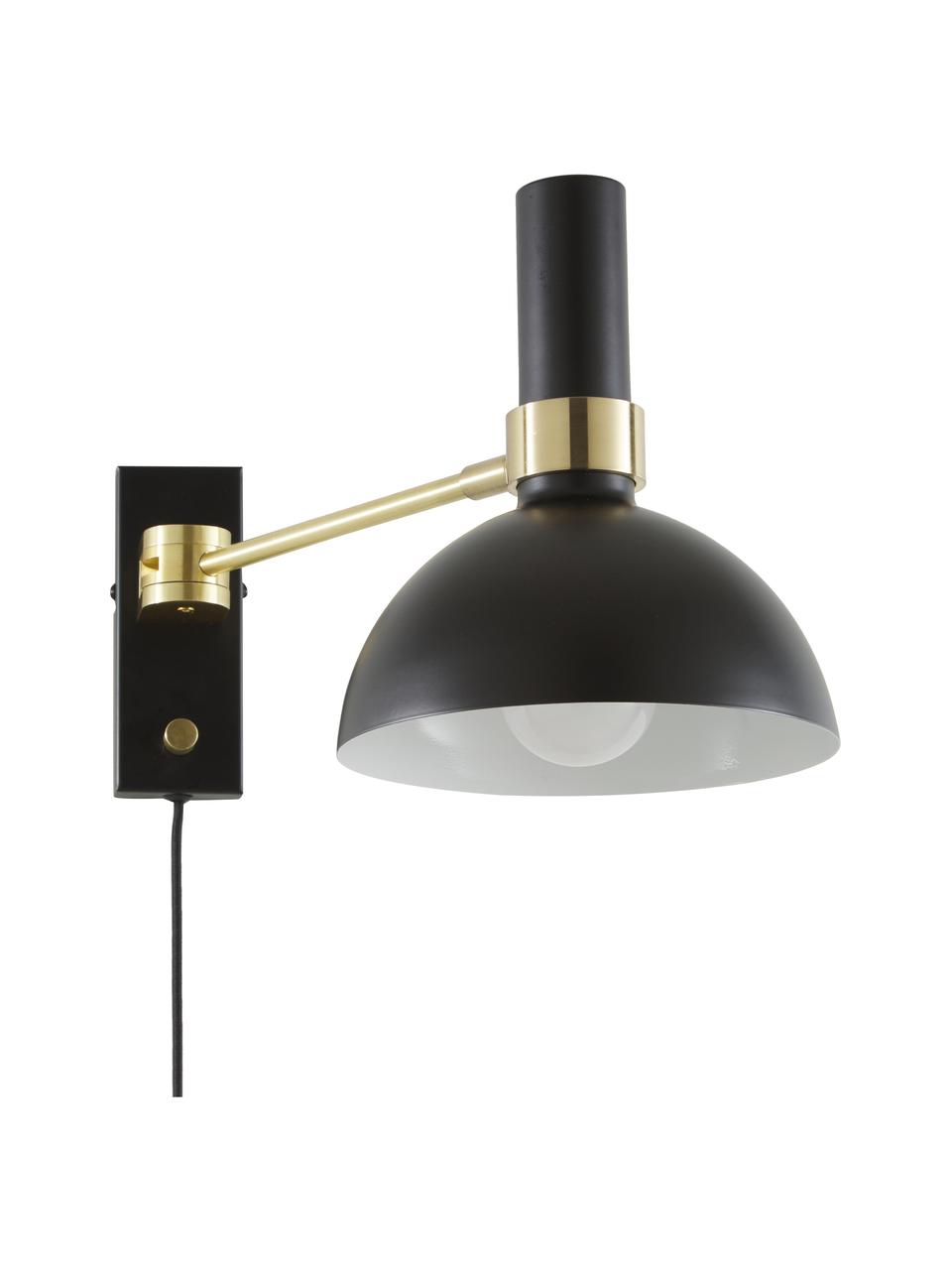 Grote dimbare wandlamp Larry met stekker, Lampenkap: gelakt messing, Frame: messing, Zwart, messingkleurig, D 41 x H 24 cm