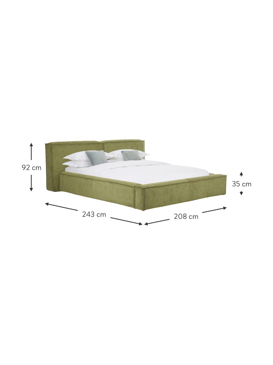 Cama tapizada en pana Lennon, Tapizado: pana (98% poliéster, 2% p, Estructura: madera de pino maciza con, Patas: madera con certificado FS, Pana verde, An 140 x L 200 cm