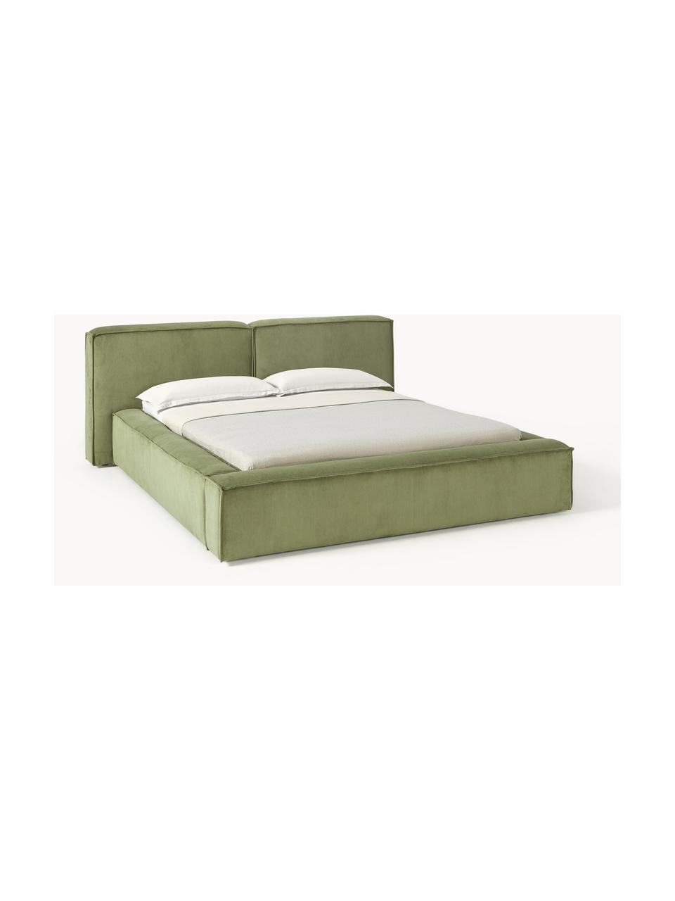 Cama tapizada en pana Lennon, Tapizado: pana (98% poliéster, 2% p, Estructura: madera de pino maciza, ma, Patas: madera, plástico Este pro, Pana verde oliva, An 208 x L 243 cm (colchón 140 x 200 cm)