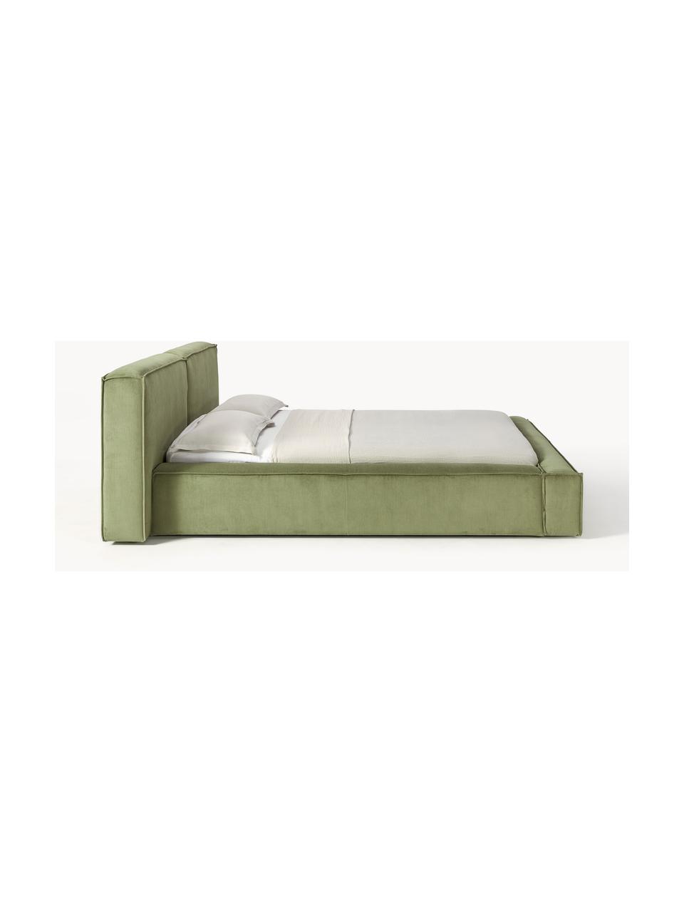 Cama tapizada en pana Lennon, Tapizado: pana (98% poliéster, 2% p, Estructura: madera de pino maciza, ma, Patas: madera, plástico Este pro, Pana verde oliva, An 208 x L 243 cm (colchón 140 x 200 cm)