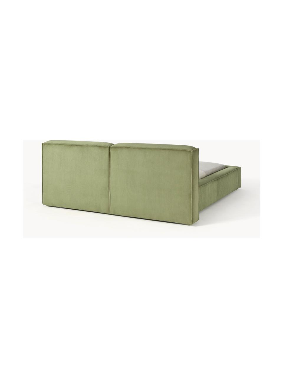 Gestoffeerd bed Lennon van corduroy, Bekleding: corduroy (98% polyester, , Frame: massief grenenhout, multi, Poten: hout, kunststof Dit produ, Corduroy olijfgroen, B 208 x L 243 cm (ligvlak 140 x 200 cm)