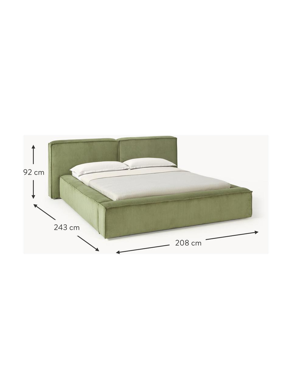 Cama tapizada en pana Lennon, Tapizado: pana (98% poliéster, 2% p, Estructura: madera de pino maciza, ma, Patas: madera, plástico Este pro, Pana verde oliva, An 208 x L 243 cm (colchón 140 x 200 cm)