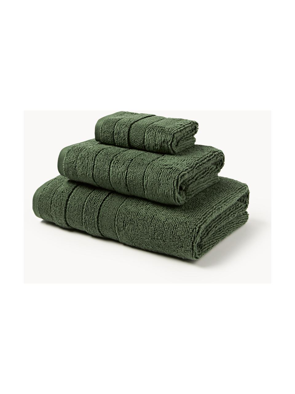 Lot de serviettes de bain avec bordure décorative Luxe, set de tailles variées, Vert foncé, 3 éléments (1 serviette invité, 1 serviette de toilette et 1 drap de bain)