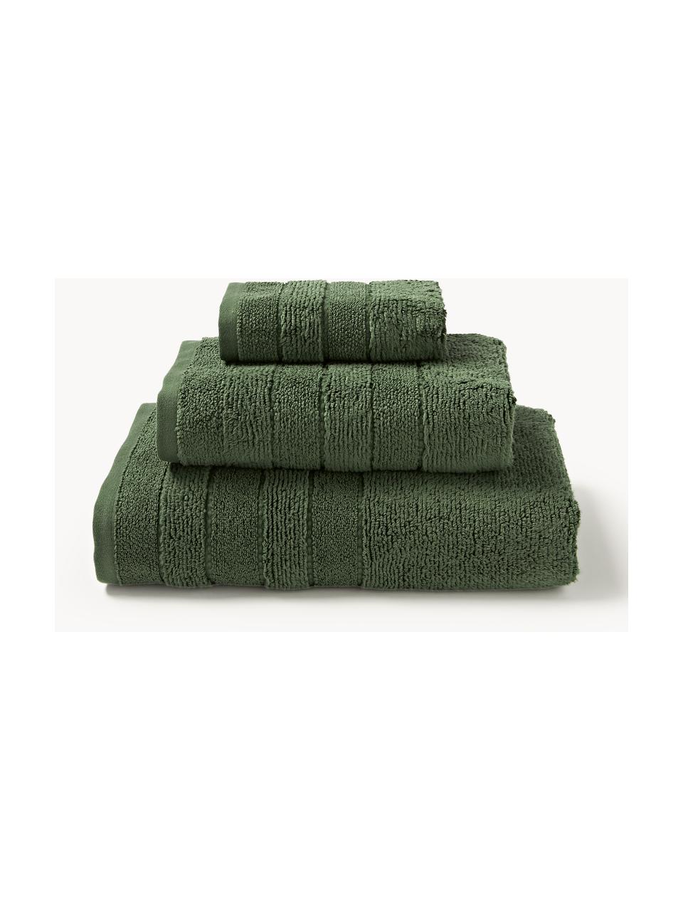 Lot de serviettes de bain avec bordure décorative Luxe, set de tailles variées, Vert foncé, 3 éléments (1 serviette invité, 1 serviette de toilette et 1 drap de bain)