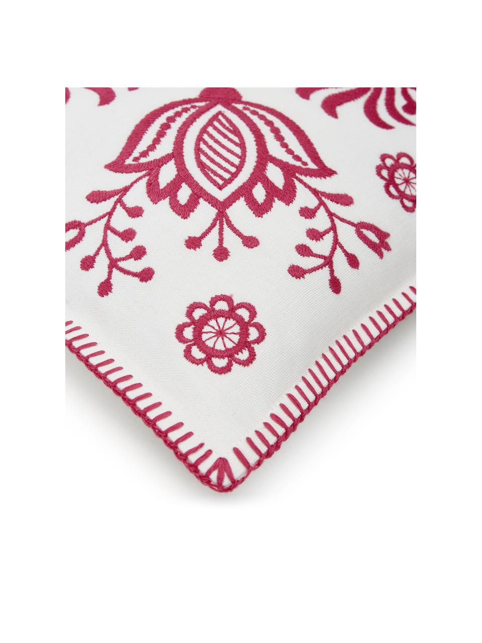 Katoenen kussenhoes Folk met geborduurd patroon, 100% katoen, Roze, wit, B 45 x L 45 cm
